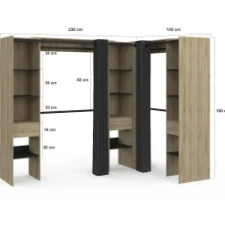 Dressing d'angle extensible bois effet hêtre avec 4 penderies + 12 étagères + 3 tiroirs et rideaux noirs