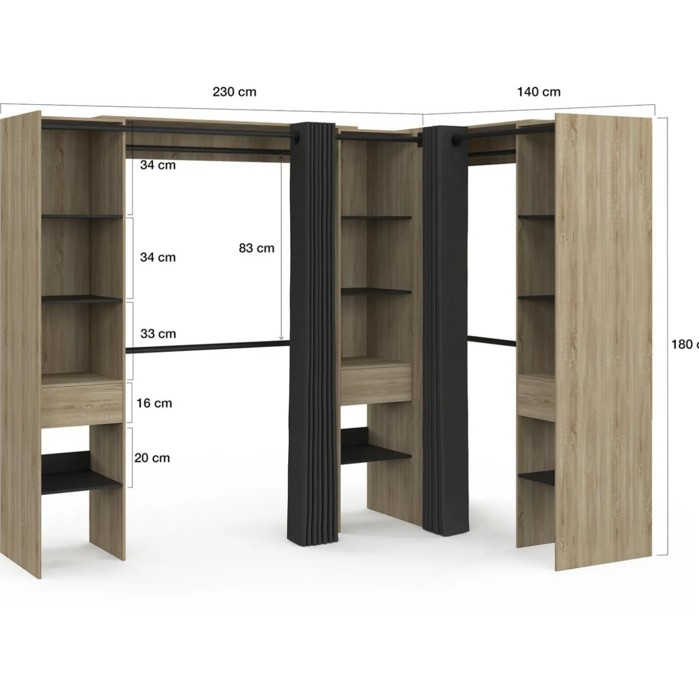 Dressing d'angle extensible bois effet hêtre avec 4 penderies + 12 étagères + 3 tiroirs et rideaux noirs