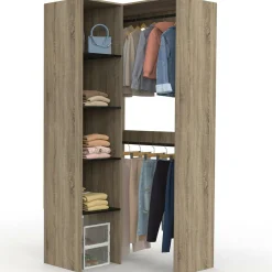Dressing d'angle modulable L. 90 / 127 cm double penderie + étagères bois et noir