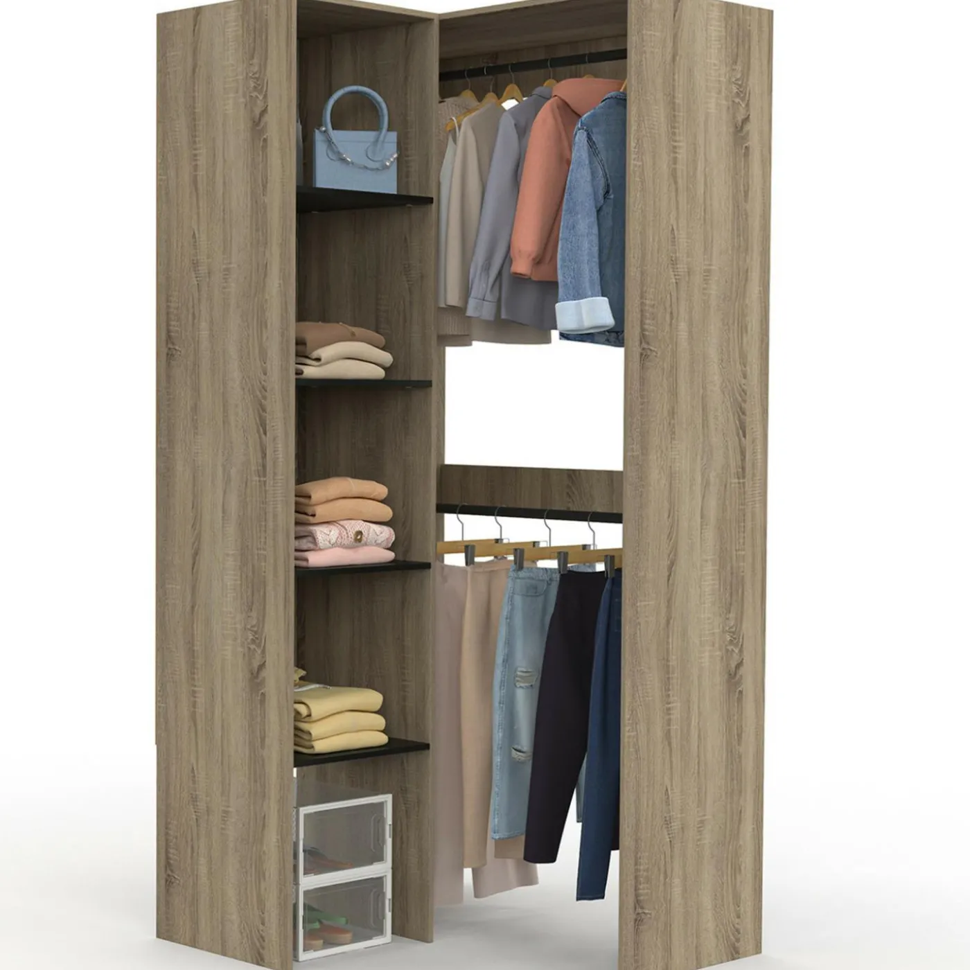 Dressing d'angle modulable L. 90 / 127 cm double penderie + étagères bois et noir