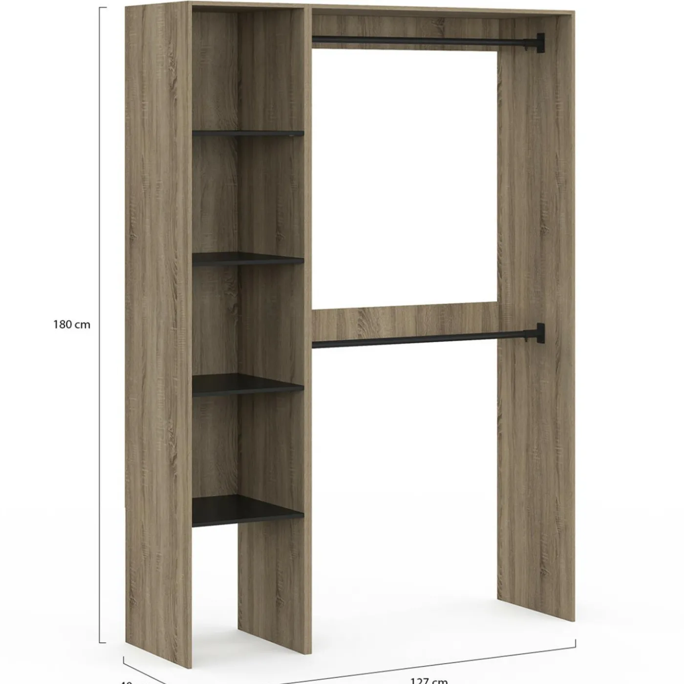 Dressing d'angle modulable L. 90 / 127 cm double penderie + étagères bois et noir