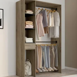 Dressing double penderie L. 110 cm avec étagères + tiroir + rangements à chaussures hêtre et noir