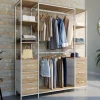 Dressing double penderie + double colonne L. 140 cm avec 6 étagères et 6 bacs en tissu bois et blanc