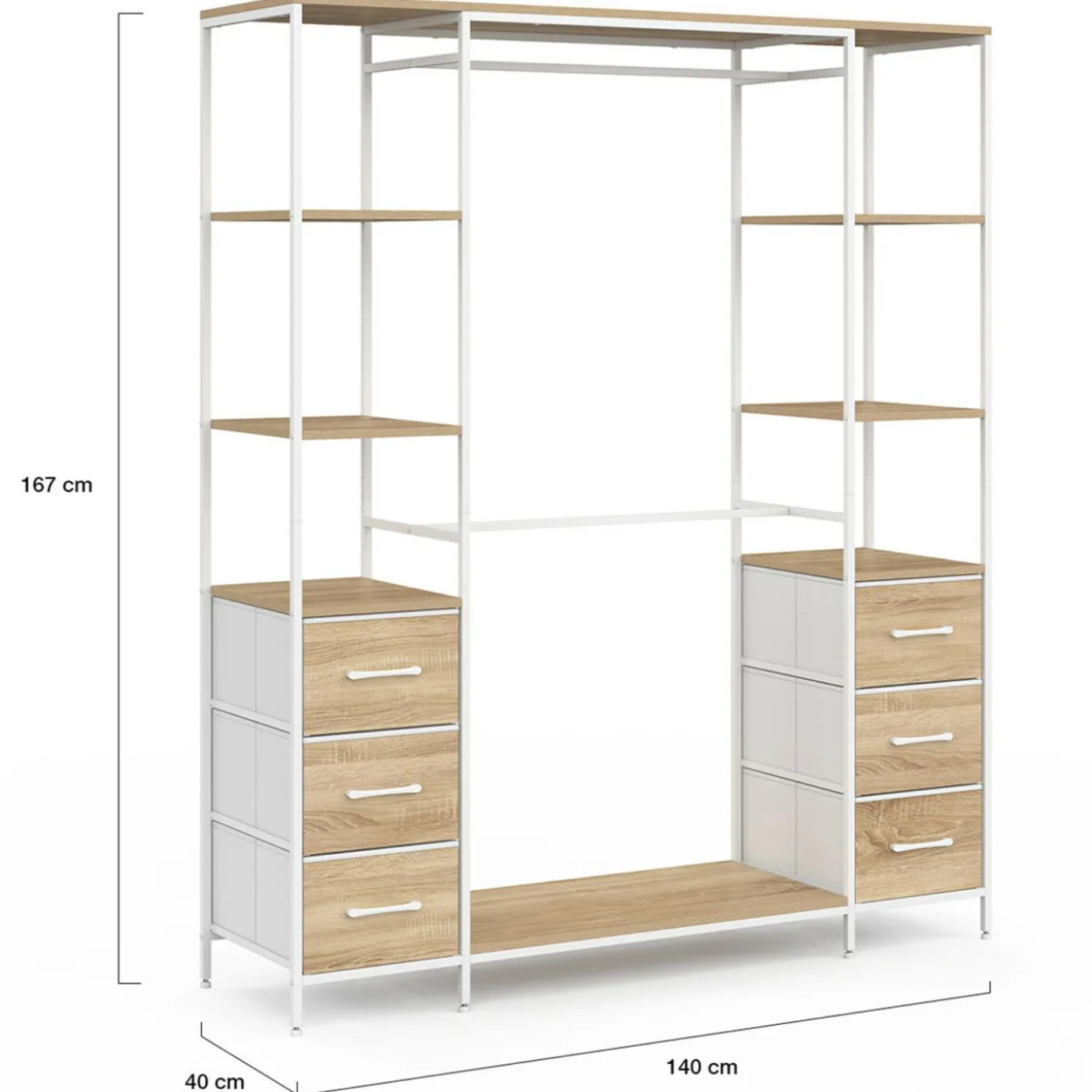 Dressing double penderie + double colonne L. 140 cm avec 6 étagères et 6 bacs en tissu bois et blanc
