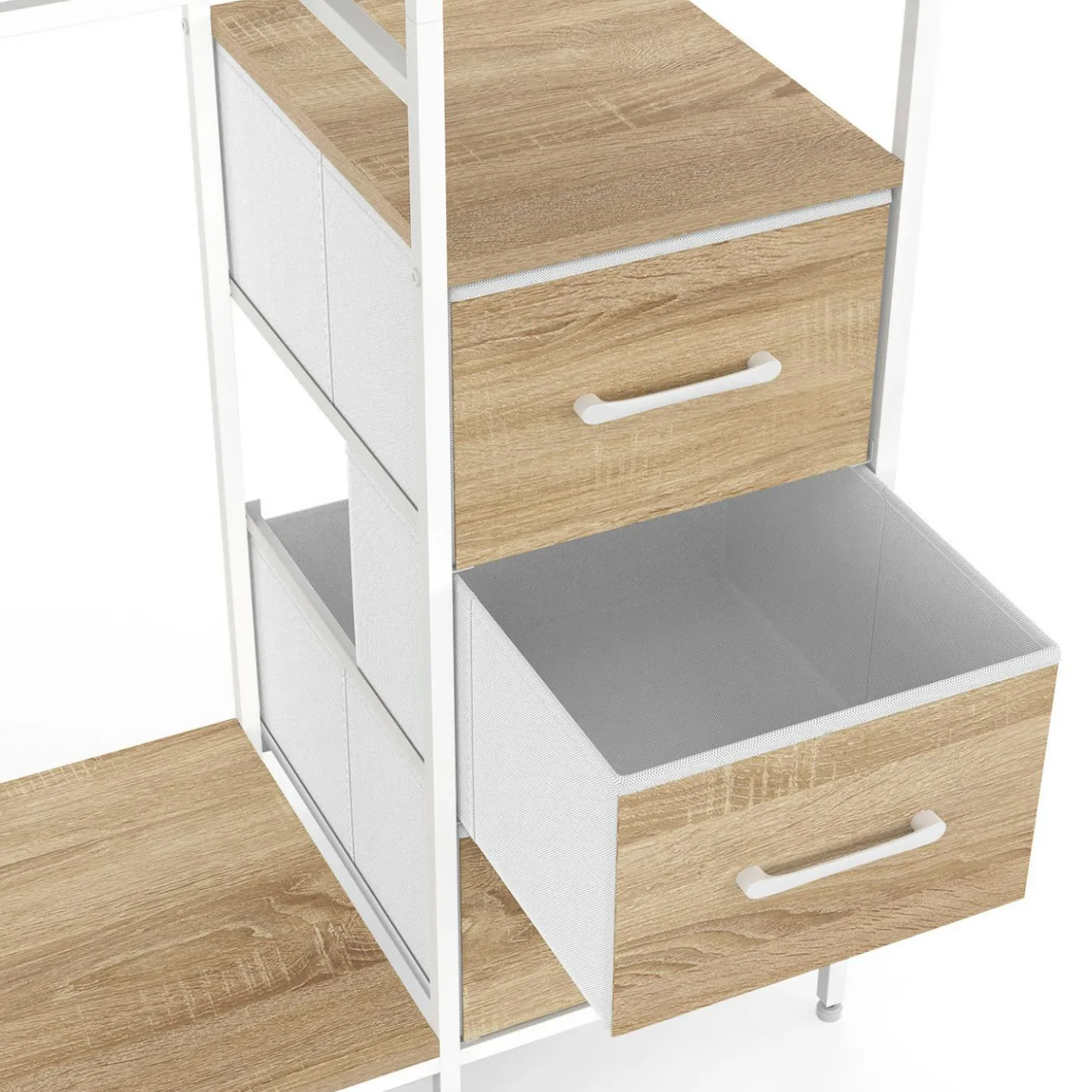 Dressing double penderie + double colonne L. 140 cm avec 6 étagères et 6 bacs en tissu bois et blanc
