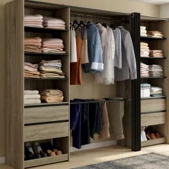 Dressing double XXL 220 cm hêtre avec porte pantalons + étagères + tiroirs + rangements à chaussures et noir