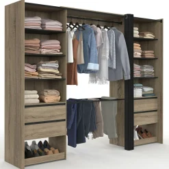 Dressing double XXL 220 cm hêtre avec porte pantalons + étagères + tiroirs + rangements à chaussures et noir