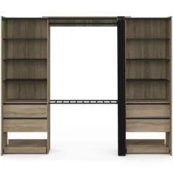 Dressing double XXL 220 cm hêtre avec porte pantalons + étagères + tiroirs + rangements à chaussures et noir