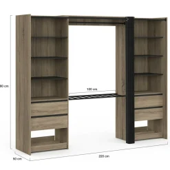 Dressing double XXL 220 cm hêtre avec porte pantalons + étagères + tiroirs + rangements à chaussures et noir
