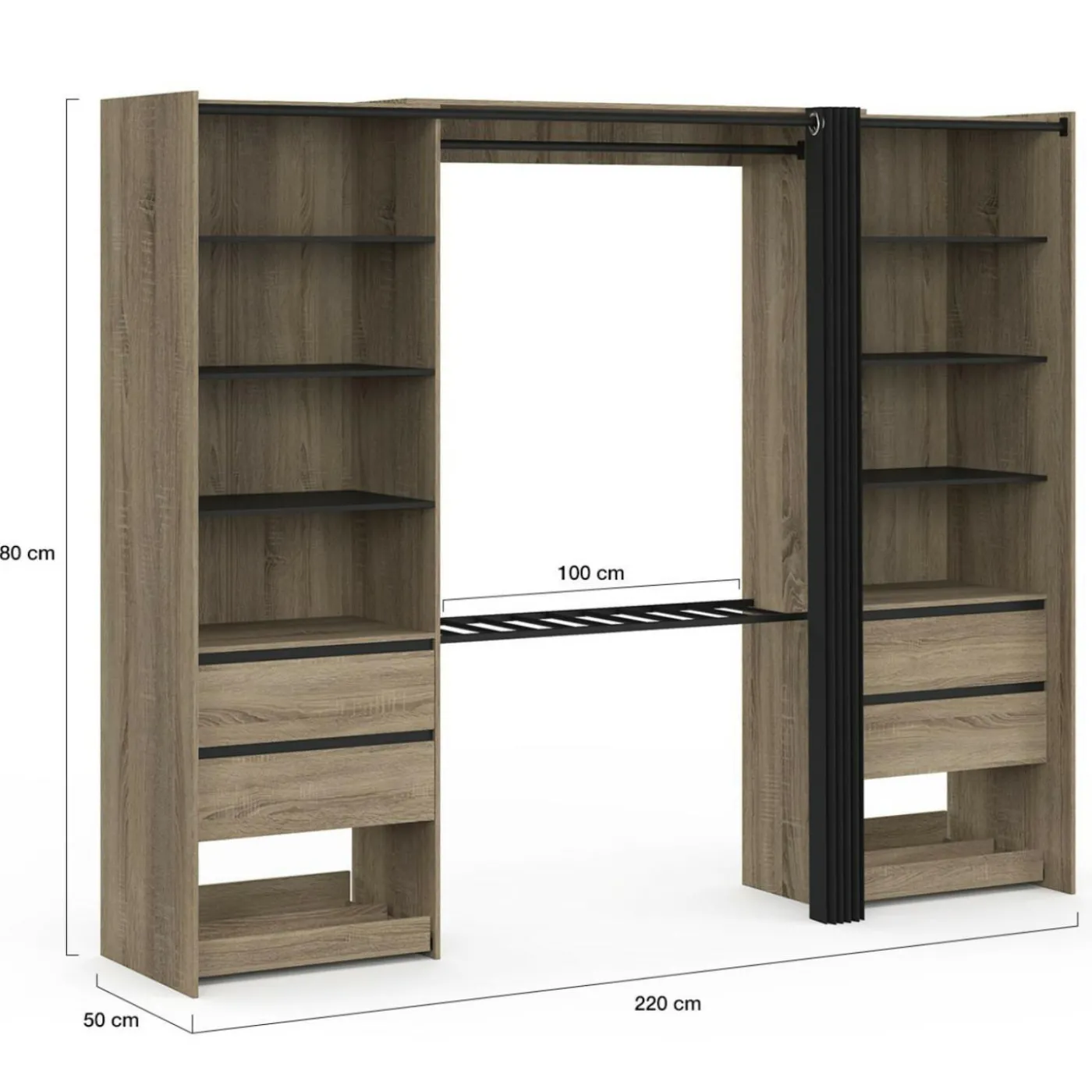 Dressing double XXL 220 cm hêtre avec porte pantalons + étagères + tiroirs + rangements à chaussures et noir