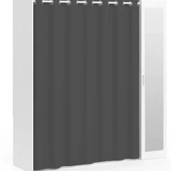 Dressing extensible 145/170 x 50 x 180 cm blanc avec étagères + double penderie + miroir + rideau gris