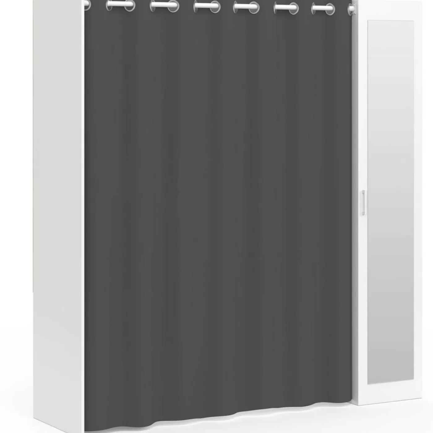 Dressing extensible 145/170 x 50 x 180 cm blanc avec étagères + double penderie + miroir + rideau gris
