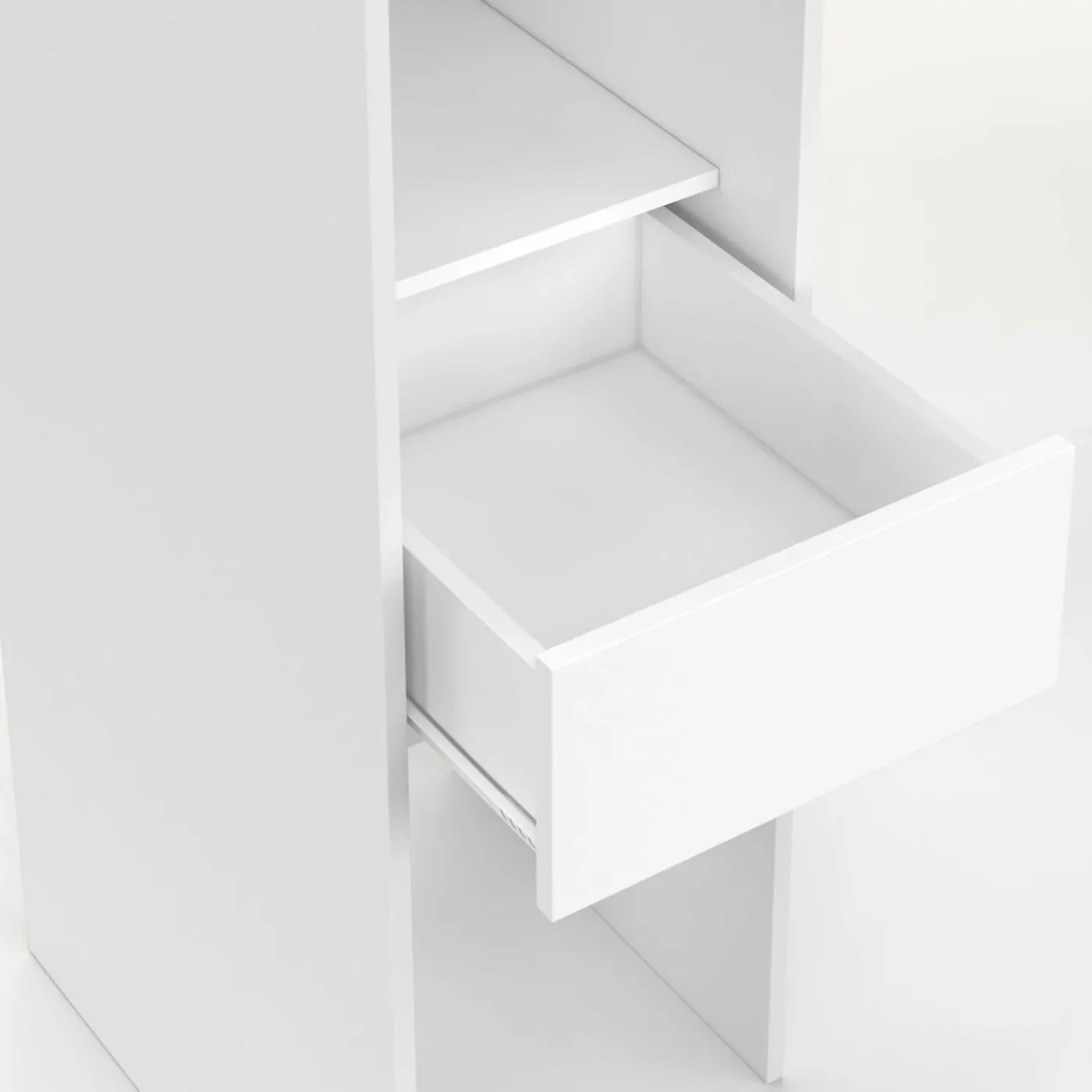 Dressing extensible 145/170 x 50 x 180 cm blanc avec étagères + double penderie + miroir + rideau gris