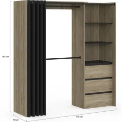 Dressing extensible 120/170 x 50 x 180 cm hêtre avec 3 tiroirs + étagères + double penderie + rideau noir