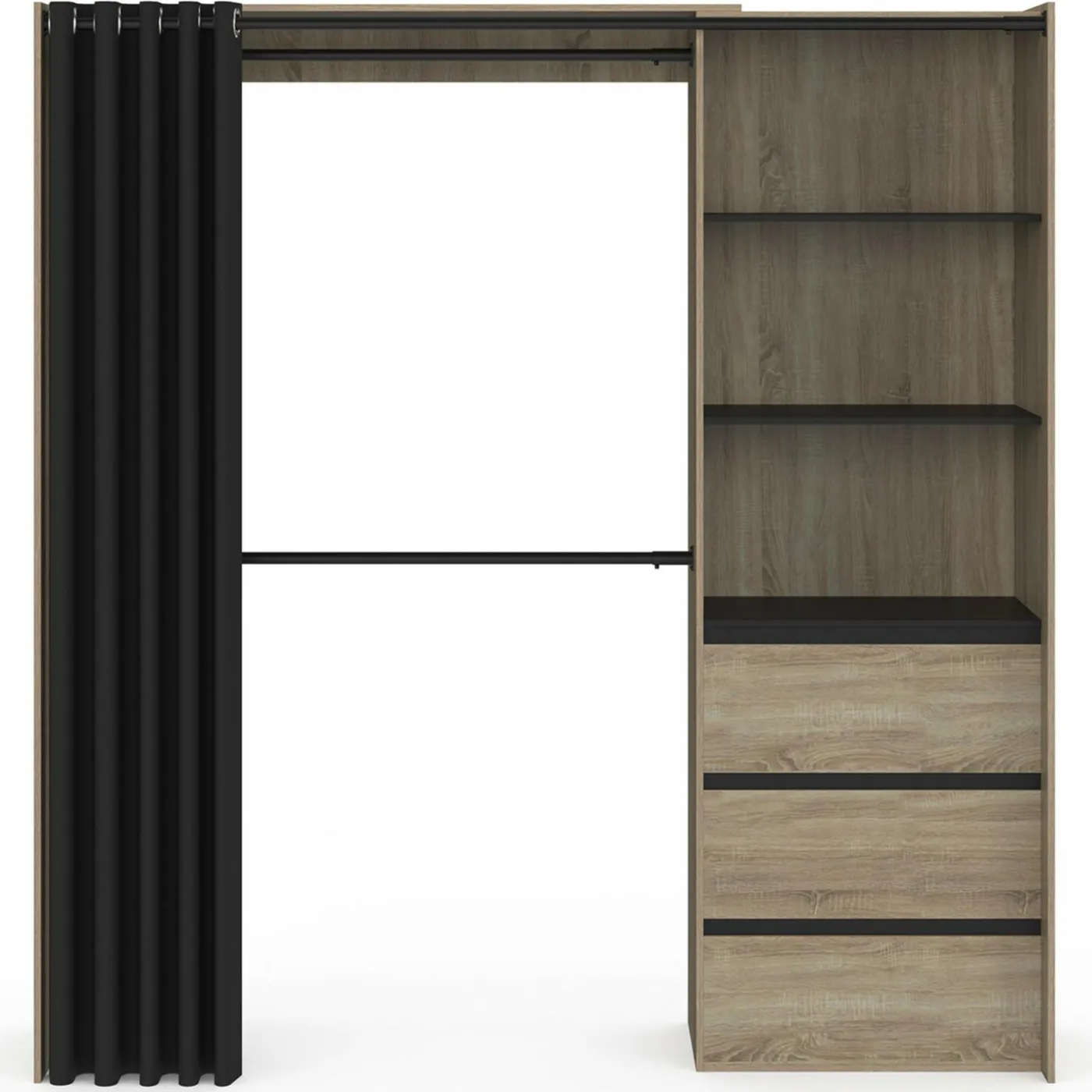 Dressing extensible 120/170 x 50 x 180 cm hêtre avec 3 tiroirs + étagères + double penderie + rideau noir