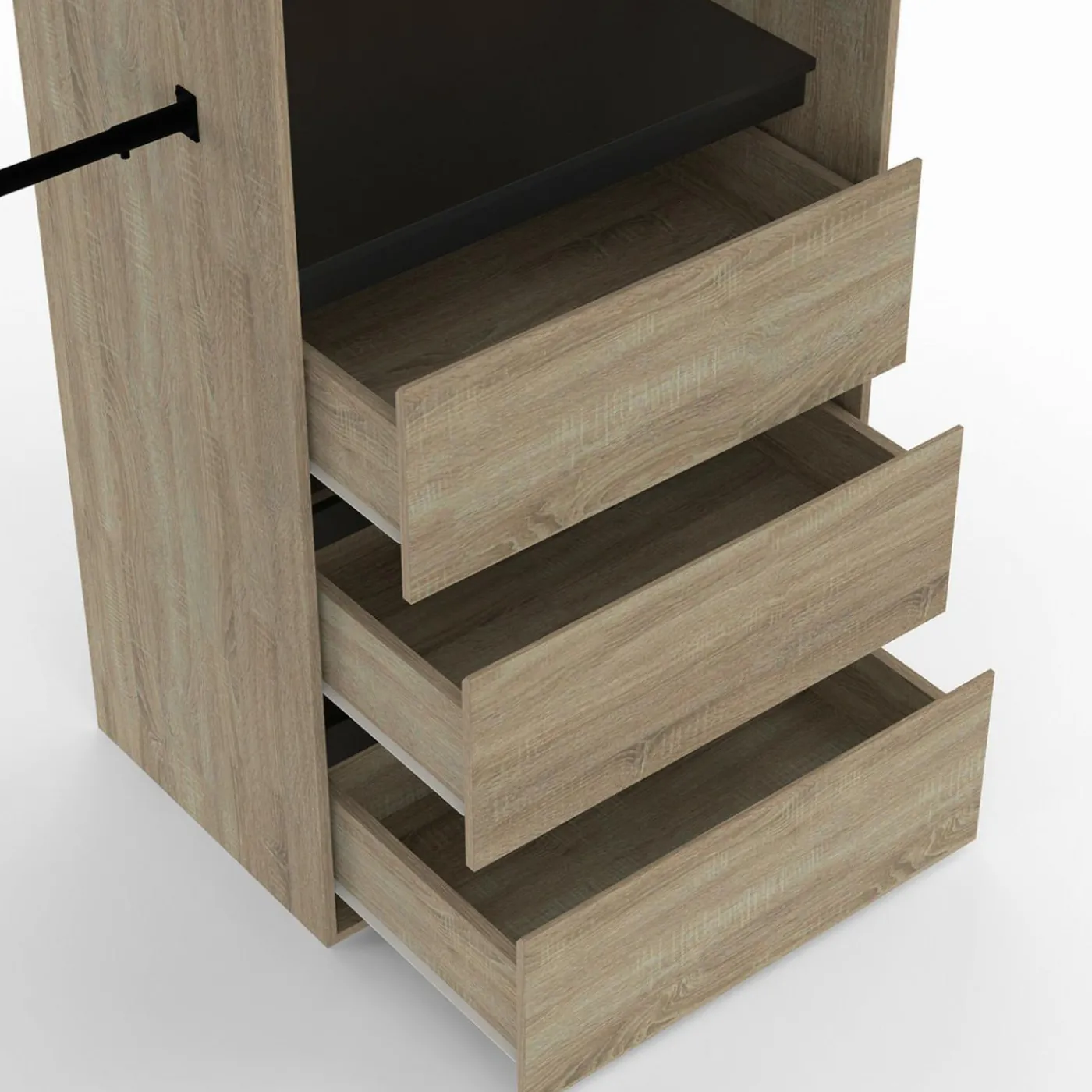 Dressing extensible 120/170 x 50 x 180 cm hêtre avec 3 tiroirs + étagères + double penderie + rideau noir