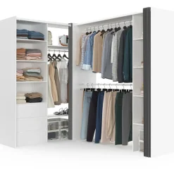 Dressing extensible d'angle 200 x 150 x 180 cm blanc avec penderies + tiroirs + étagères + rideaux gris