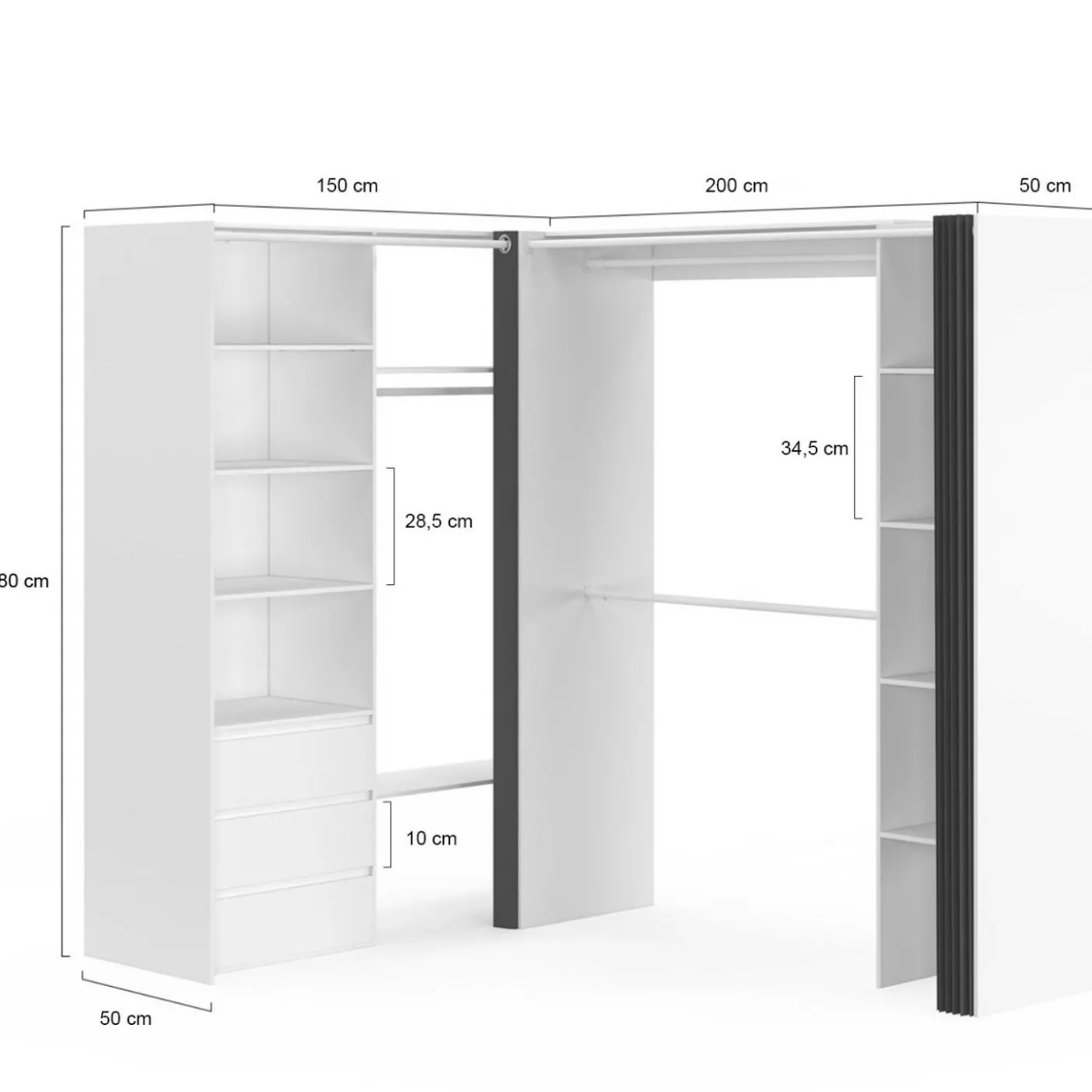 Dressing extensible d'angle 200 x 150 x 180 cm blanc avec penderies + tiroirs + étagères + rideaux gris