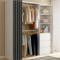Dressing extensible de 120/170 x 50 x 180 cm blanc avec 3 tiroirs, des étagères et 2 penderies