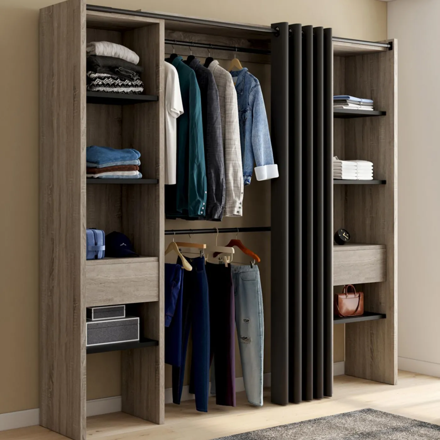 Dressing extensible double en bois avec rideau noir