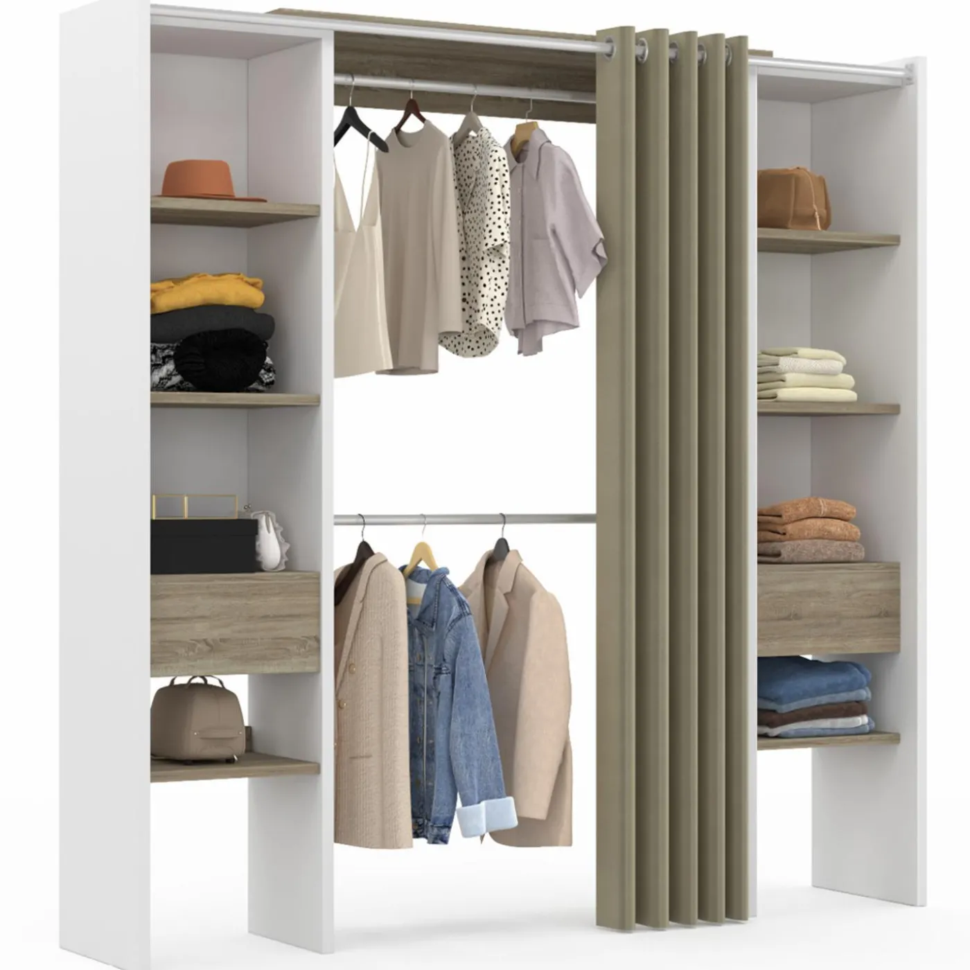 Dressing extensible double blanc et bois avec rideau taupe