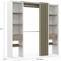 Dressing extensible double blanc et bois avec rideau taupe