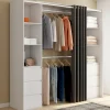 Dressing extensible double blanc 120/180 cm 6 tiroirs + étagères + double penderie + rideau gris