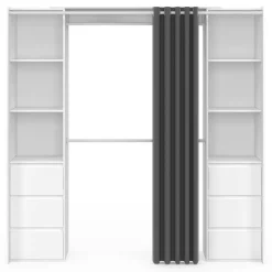 Dressing extensible double blanc 120/180 cm 6 tiroirs + étagères + double penderie + rideau gris