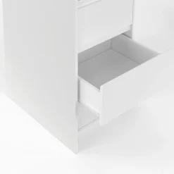 Dressing extensible double blanc 120/180 cm 6 tiroirs + étagères + double penderie + rideau gris