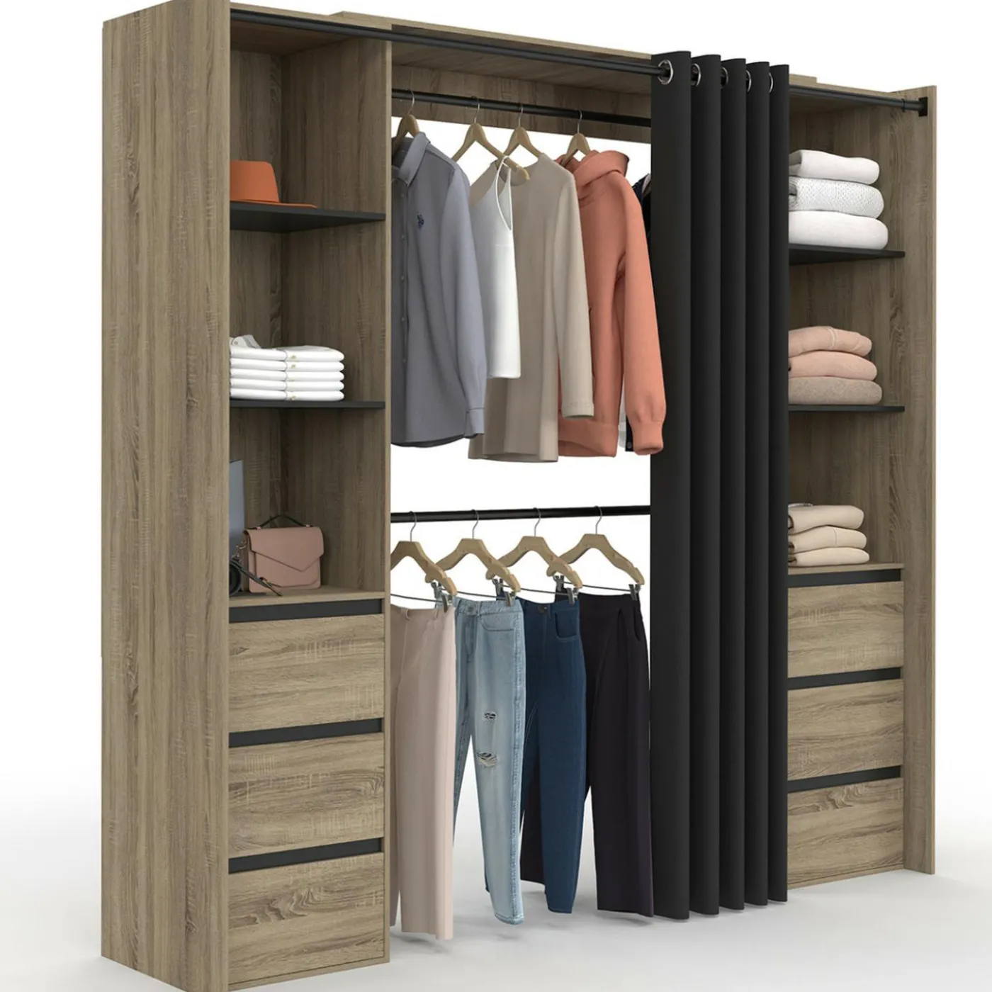 Dressing extensible double effet hêtre 120/180 cm 6 tiroirs + étagères + double penderie + rideau noir