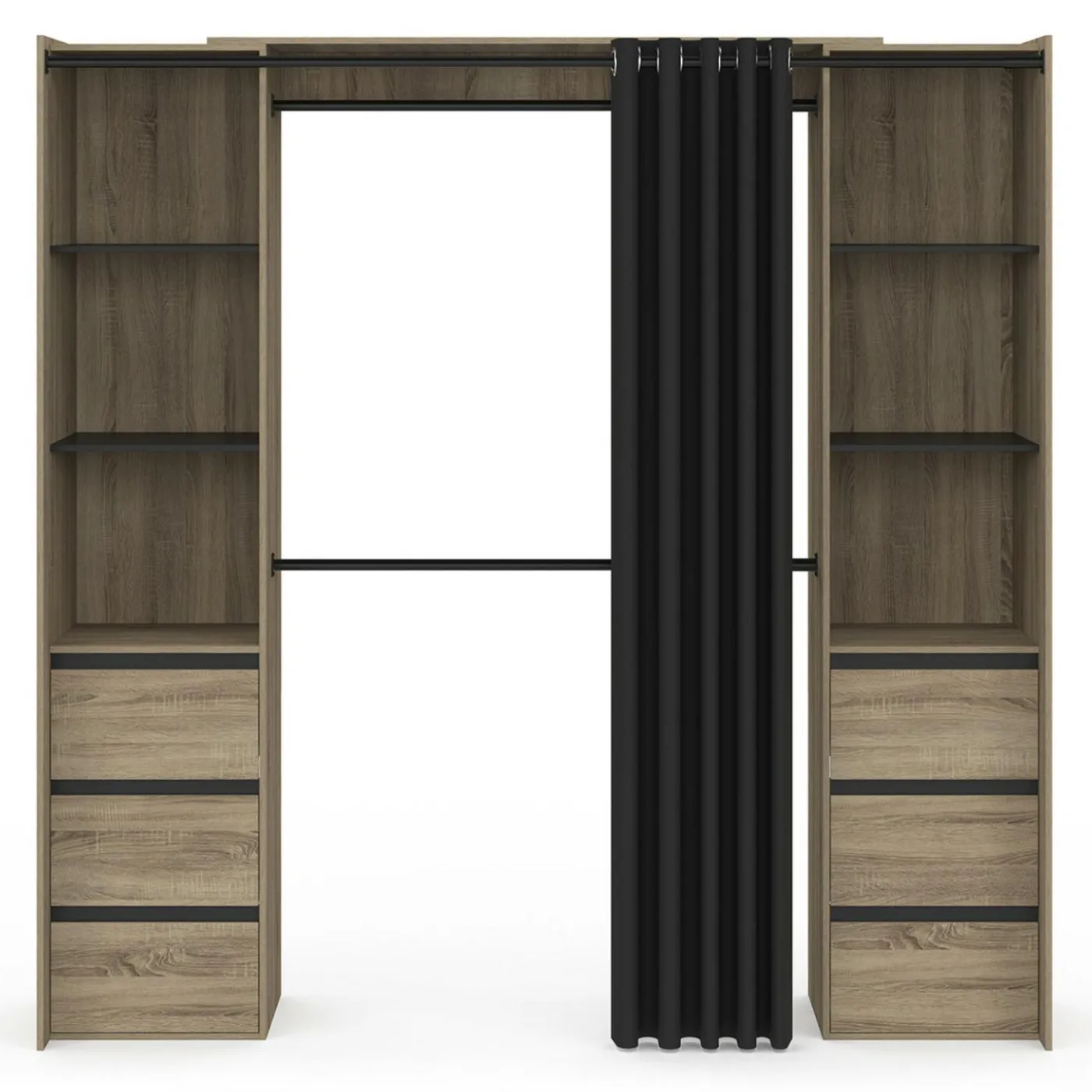 Dressing extensible double effet hêtre 120/180 cm 6 tiroirs + étagères + double penderie + rideau noir
