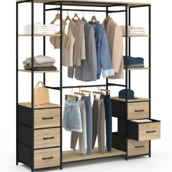 Dressing industriel double penderie bois et noir avec étagères et bacs