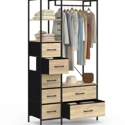 Dressing penderie + colonne avec 1 étagère et 7 bacs en tissu bois et noir L. 90 cm