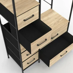 Dressing penderie + colonne avec 1 étagère et 7 bacs en tissu bois et noir L. 90 cm