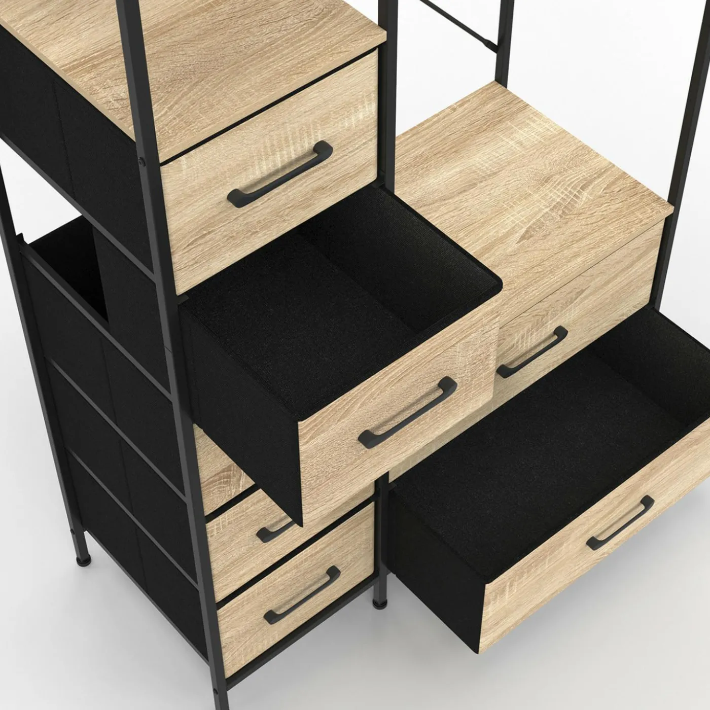 Dressing penderie + colonne avec 1 étagère et 7 bacs en tissu bois et noir L. 90 cm