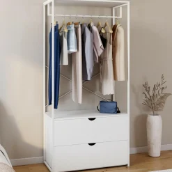 Dressing penderie 2 tiroirs bois blanc et métal blanc L. 80 cm