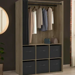 Dressing penderie 104 x 50 x 172 cm hêtre avec rideau noir et 6 boites de rangement