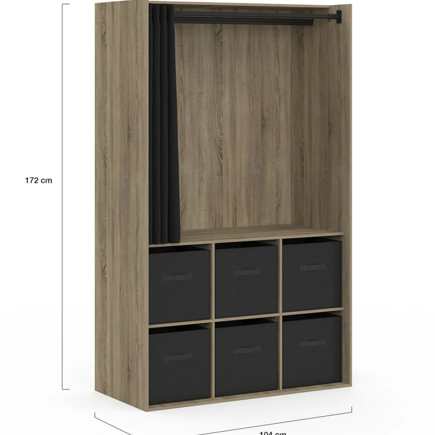 Dressing penderie 104 x 50 x 172 cm hêtre avec rideau noir et 6 boites de rangement
