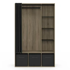 Dressing penderie avec rideau et étagères bois et noir