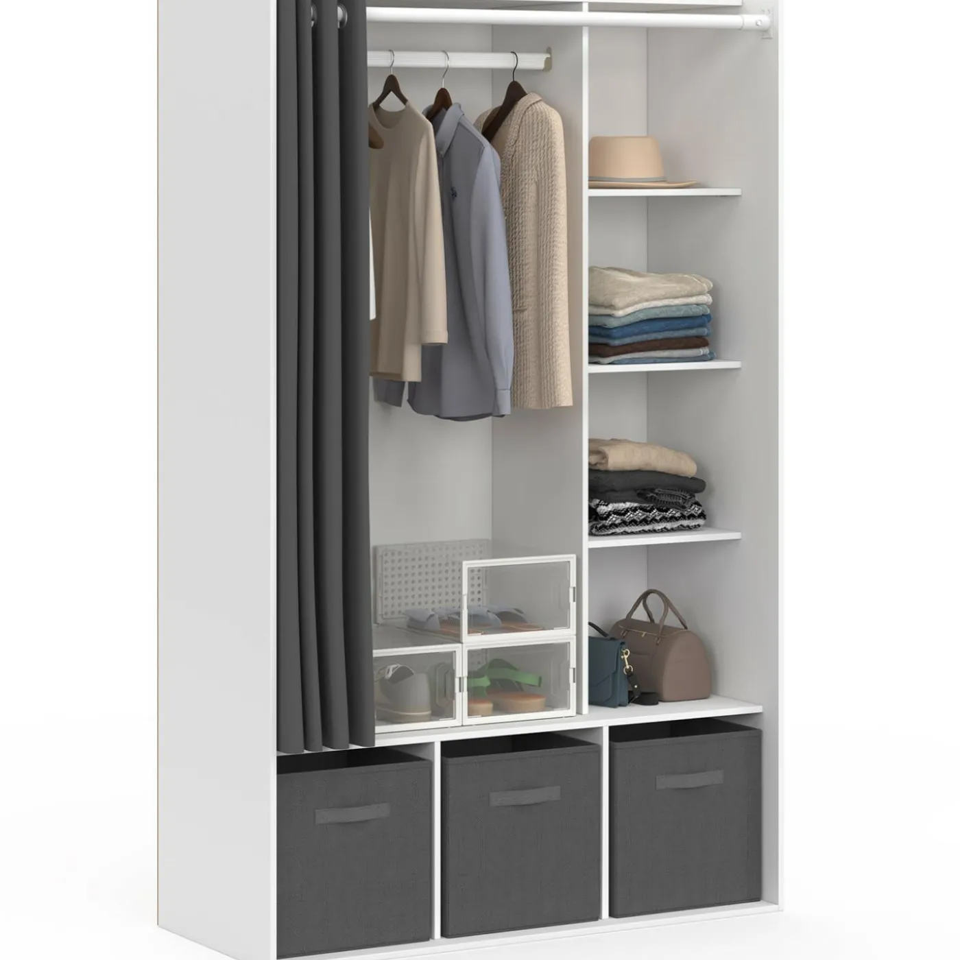 Dressing penderie blanc avec rideaux gris