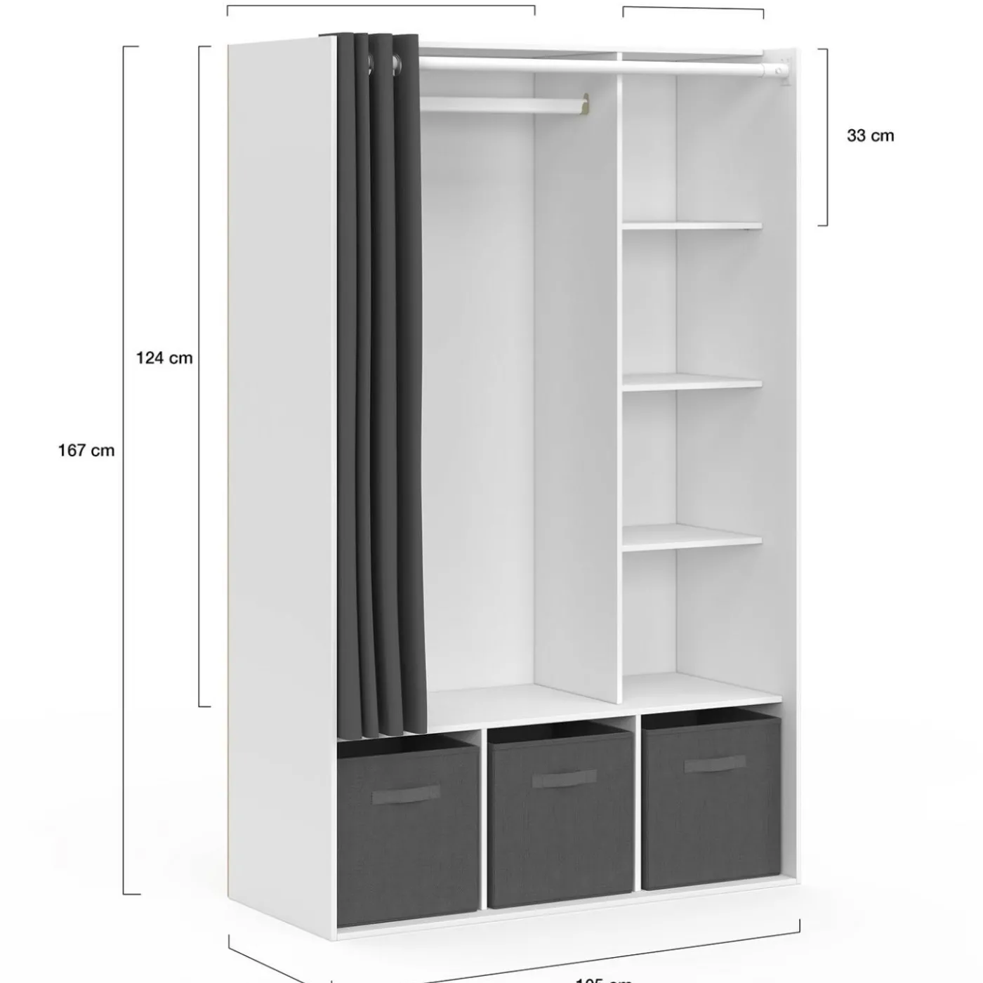 Dressing penderie blanc avec rideaux gris