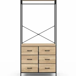 Dressing penderie industriel bois et noir avec 6 bacs