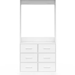 Dressing penderie L. 80 cm avec 6 tiroirs bois et tissu blanc