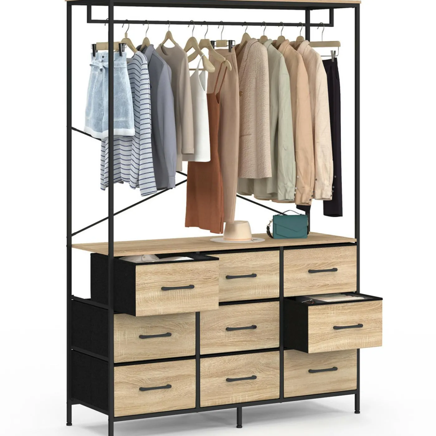 Dressing penderie L. 115 cm avec 9 bacs en tissu bois et noir