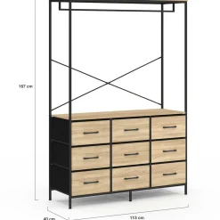 Dressing penderie L. 115 cm avec 9 bacs en tissu bois et noir
