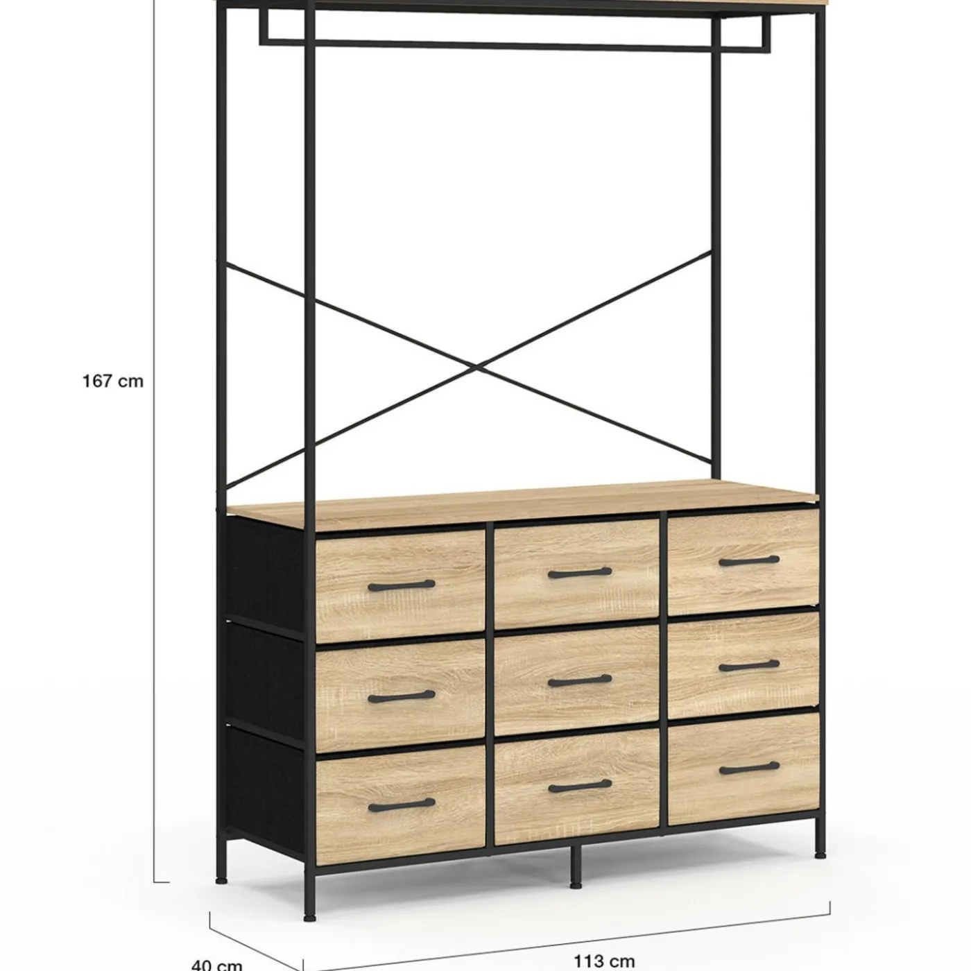 Dressing penderie L. 115 cm avec 9 bacs en tissu bois et noir