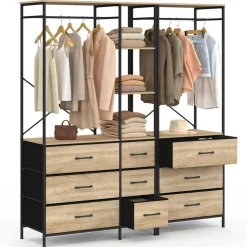 Dressing penderie modulable L. 150 cm XXL avec 3 étagères et 9 bacs en tissu bois et noir
