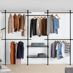 Dressing télescopique extensible 5 penderies 2 paniers en métal noir
