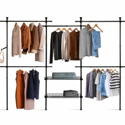 Dressing télescopique extensible 5 penderies 2 paniers en métal noir