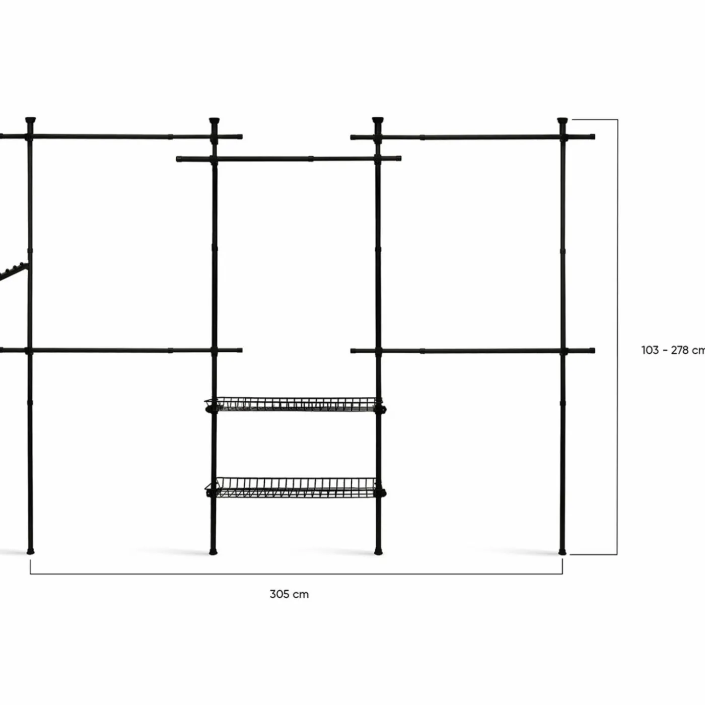 Dressing télescopique extensible 5 penderies 2 paniers en métal noir